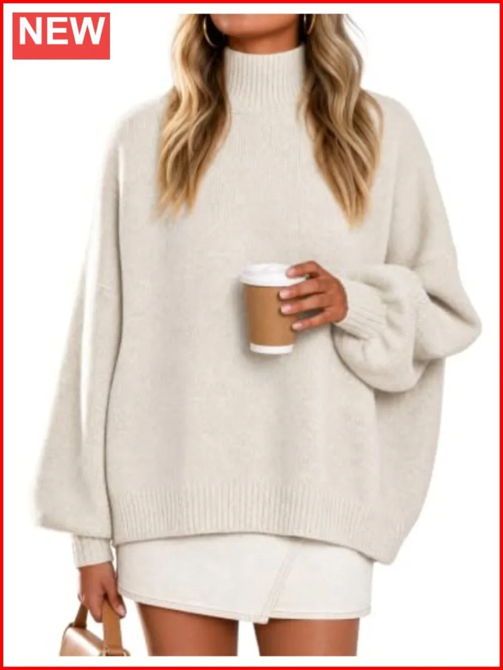 Womens Oversized Turtleneck Lantern Sleeve Fuzzy Knit Sweater Pullover